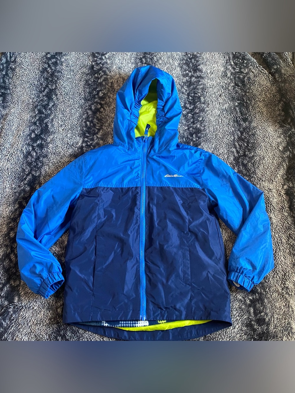 Eddie Bauer Boys 7/8 Hooded Blue & Green Full Zip Layered Jacket